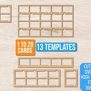 May include: A collection of light brown wooden-style rectangular grid templates for cards. The image includes text labels stating 1 TO 20 CARDS, 13 TEMPLATES, and CUT FILES SVG, PNG HIGH QUALITY FILES 300 DPI, along with a Doodles Doodles Studio logo.