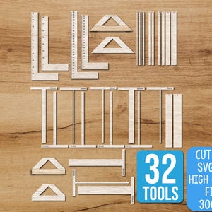 May include: A collection of 32 light-colored wooden drafting and measuring tools including L-shaped squares, T-squares, triangles, and straight rulers. The set features various geometric shapes and linear instruments with printed measurement markings.