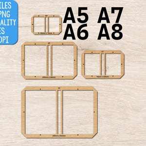 Może przedstawiać: Cyfrowa kolekcja czterech prostokątnych szablonów ramek w rozmiarach A5, A6, A7 i A8 o fakturze jasnego drewna. Obraz zawiera etykiety tekstowe dla każdego rozmiaru, wymiary w milimetrach oraz niebieskie pole z napisem CUT FILES SVG, PNG HIGH QUALITY FILES 300 DPI.