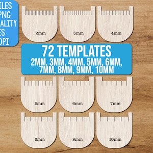 Puede incluir: Una colección de 72 plantillas digitales para proyectos de manualidades, con piezas en forma de U con textura de madera clara y anchos de ranura variables etiquetados 2mm, 3mm, 4mm, 5mm, 6mm, 7mm, 8mm, 9mm y 10mm. Texto: Cut Files SVG, PNG, 300 DPI.