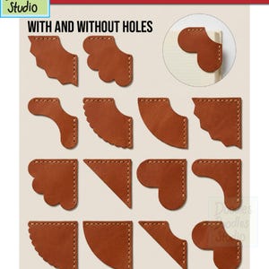 May include: A collection of 21 brown leather corner bookmarks in various shapes, including scalloped, triangular, and rounded edges, with visible stitching. The text reads 21 LEATHER BOOKMARKS WITH AND WITHOUT HOLES HIGH QUALITY CUT FILES - SVG - PNG.