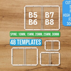 May include: A collection of 48 book cover templates featuring light wood grain frames with cutouts for B5, B6, B7, and B8 sizes. The set includes spine width options of 10mm, 15mm, 20mm, 25mm, and 30mm. The digital files are provided in SVG and PNG formats.