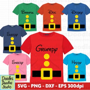 May include: A selection of brightly coloured t-shirts, each displaying a different dwarf's name from a well-known fairy tale. The shirts are in various colours, including green, orange, blue, red, pink, and light blue, with a black belt and yellow accents.