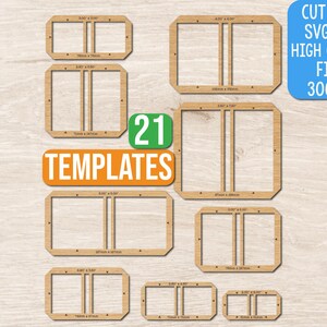May include: A collection of 21 wooden-textured rectangular templates for crafting, featuring various sizes with central dividers. The image includes text stating CUT FILES SVG, PNG HIGH QUALITY FILES 300 DPI, 21 TEMPLATES, and Doodles Doodles Studio.