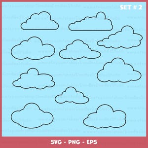 Cloud Outline SVG, White Clouds png, Fluffy Clouds PNG, Clouds Bundle SVG, Cute Clouds, Clouds Clip Art, Cut Files Silhouette, Cricut