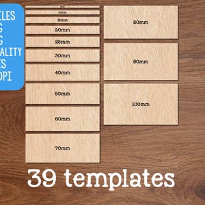 May include: A collection of wooden templates in various sizes, including 80mm, 90mm, and 100mm lengths. The image also features text that reads "CUT FILES SVG PNG HIGH QUALITY FILES 300 DPI" and "39 templates."
