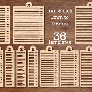 Peut inclure: Plusieurs gabarits en bois avec des mesures en pouces et en millimètres, allant de 1 mm à 9,5 mm. Les gabarits sont étiquetés avec des mesures en pouces et en millimètres. Le texte "mm & inch 1mm to 9.5mm 36 templates" est inclus.