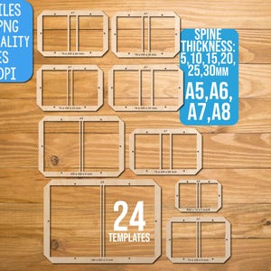 May include: A collection of 24 rectangular book cover templates in various sizes including A5, A6, A7, and A8 with spine thicknesses ranging from 5mm to 30mm. The digital files are labelled as SVG and PNG at 300 DPI for high quality cutting projects.