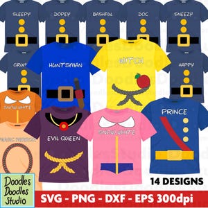 May include: A collection of 14 colorful t-shirt designs featuring characters from a fairy tale. Designs include the seven dwarfs, Snow White, the Evil Queen, the Huntsman, the Witch, and the Prince. The shirts are in various colors with character-themed graphics.