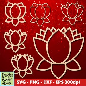 May include: Several laser-cut wooden lotus flower designs in different sizes. The flowers are light brown against a red background with a sparkling effect. The image includes the text "SVG - PNG - DXF - EPS 300dpi".