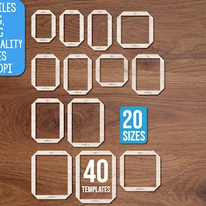 May include: A collection of 40 light-colored wooden frame templates in 20 different sizes, featuring rectangular and square shapes with clipped corners. The image includes text stating CUT FILES SVG, PNG HIGH QUALITY FILES 300 DPI, 20 SIZES, 40 TEMPLATES, and Doodles Doodles Studio.
