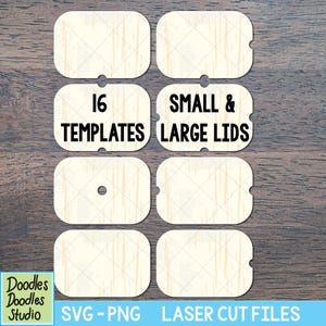 May include: A collection of eight light-colored wooden templates with a grid pattern, some with cut-out notches. The text reads "16 TEMPLATES SMALL & LARGE LIDS" and "SVG - PNG LASER CUT FILES". The logo for Doodles Doodles Studio is in the lower left corner.