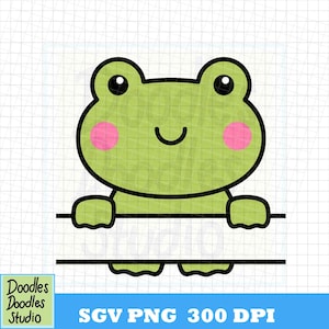 May include: A cartoon frog illustration with a green body, pink cheeks, and black outlines. The frog has a smiling mouth and large eyes. The image includes the text "SGV PNG 300 DPI" and the logo "Doodles Doodles Studio".