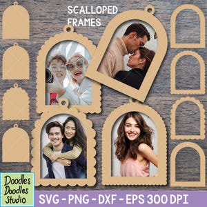 May include: A collection of laser-cut, scalloped frames in a light brown color, some with photos inside. The frames are in various shapes and sizes, with a small hole at the top for hanging. The text "SCALLOPED FRAMES" is at the top.