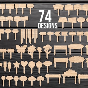 Peut inclure: Une collection de 74 marqueurs de plantes et panneaux de jardin en bois de formes variées, incluant des rectangles, cercles, étoiles, cœurs, fleurs et papillons, chacun doté d'un piquet pointu pour l'insertion dans le sol ou d'autres surfaces.