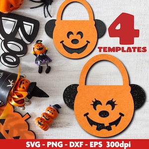 Puede incluir: Plantillas naranjas con temática de Halloween con orejas negras brillantes y caras sonrientes de jack-o'-lantern. El número "4" y la palabra "TEMPLATES" son rojos. Otras decoraciones de Halloween están dispersas. La parte inferior de la imagen tiene el texto "SVG - PNG - DXF - EPS 300dpi".