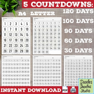 30, 60, 90, 100, 120 Countdown Tracker Printable to Family Vacation Holiday New Year Event Celebration Valentines Day