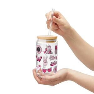 Sipper Glass, Positive Vibes Only, Happy 16oz Tumbler, No Bad Vibes Cup, Glass Sipper for Relaxation, Stress Relief Mug