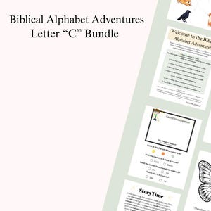 May include: A set of printable educational resources labelled "Biblical Alphabet Adventures Letter 'C' Bundle." The bundle features worksheets with illustrations of a caterpillar, butterfly, and other images. The text includes "Welcome to the Biblical Alphabet Adventure!" and "C is for Caterpillar."