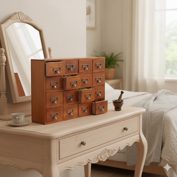 16 Drawers Apothecary Cabinet with Drawers Library Card Catalog Cabinet Medicine Vintage Furniture Wooden Desk Drawer Organizer
