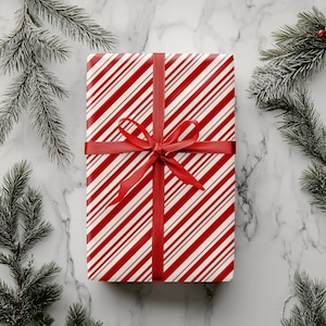 Candy Cane Stripes Festive Christmas Gift Wrap, Holiday Present Wrapping Paper, Red and White Gift Paper Roll