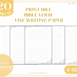 Hojas de papel rayado con 20 versículos bíblicos para descargar digitalmente, papel de escritura básico, citas bíblicas inspiradoras, de amor y alentadoras, papelería cristiana.
