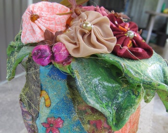 Marianne's  Yoyo Flowers in Handmade Clay Pot Covered with Patches!