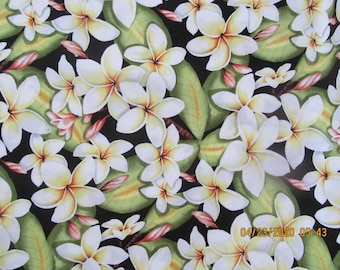 Marianne of Maui Hawaiian Quilting Fabric Plumeria Beds on Black