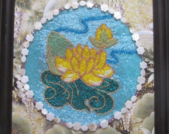 Beaded Picture 11 x 14 Golden Lotus - Handmade by Marianne of Maui