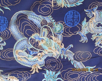 Marianne of Maui Hawaiian Quilting Fabric Sapphire and Golden Dragons on  Blue