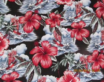 Hawaiian Quilting Fabric VINTAGE Style Black with Hibiscus and Surf Scenes from Marianne of Maui