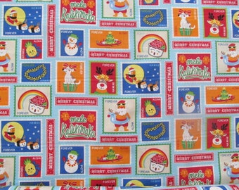 Marianne of Maui Hawaiian Quilting Fabric Hawaiian Christmas Stamps Light Blue