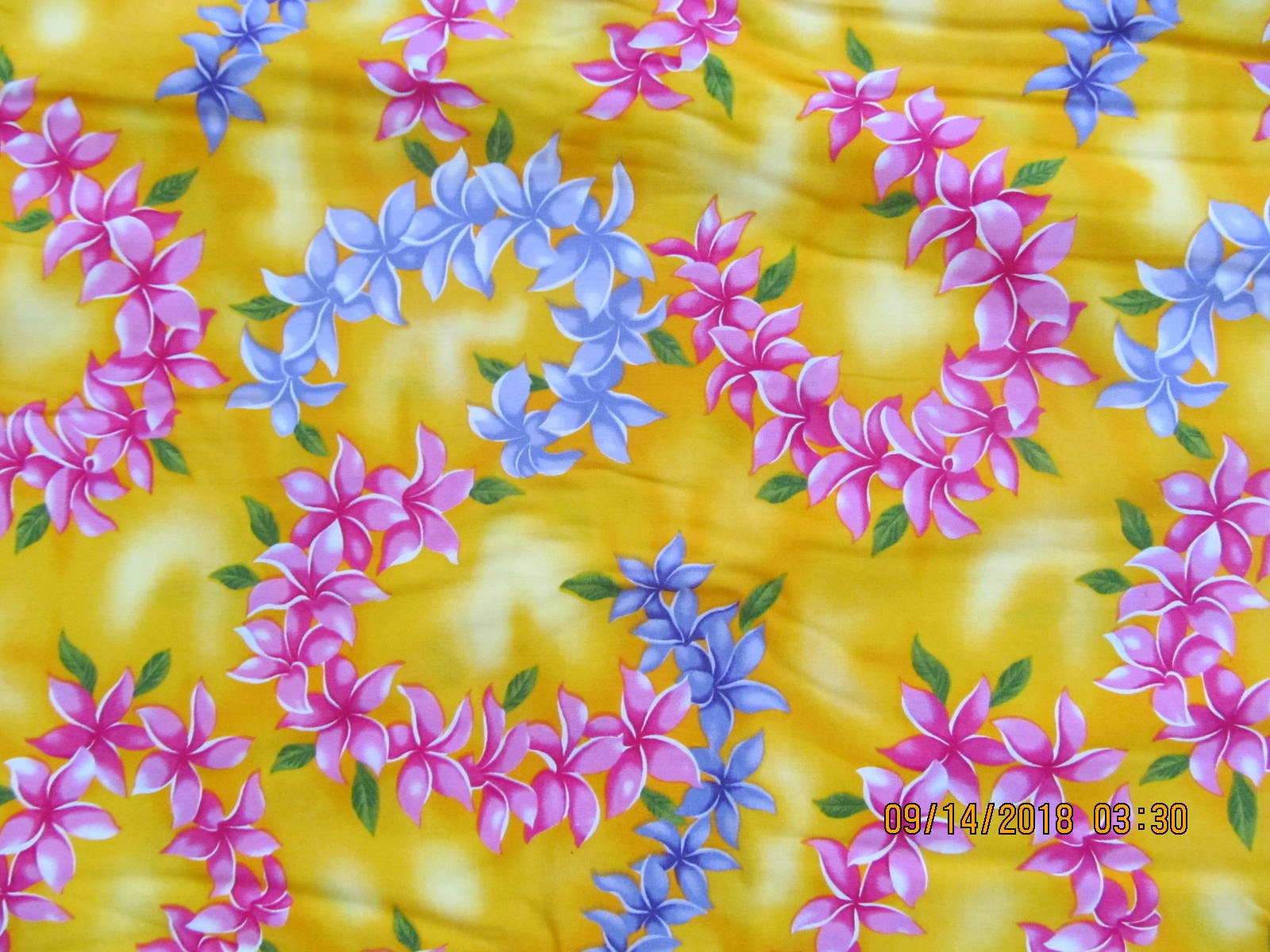 Hawaiian Quilting Fabric Pink and Lavender Plumeria leis on Yellow