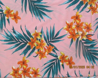 Marianne of Maui Hawaiian Quilting Fabric LITE CORAL with Plumeria Clusters and Palms