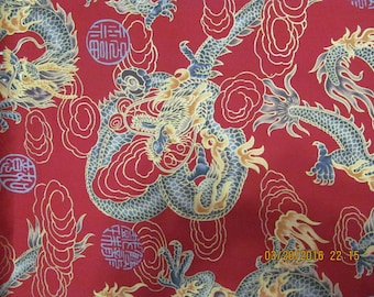Marianne of Maui Hawaiian Quilting Fabric Golden Dragons on Royal Scarlet Bolt