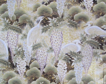 Marianne of Maui Hawaiian Quilting Fabric Asian Sage and Cream w Gold Cranes and Wisteria