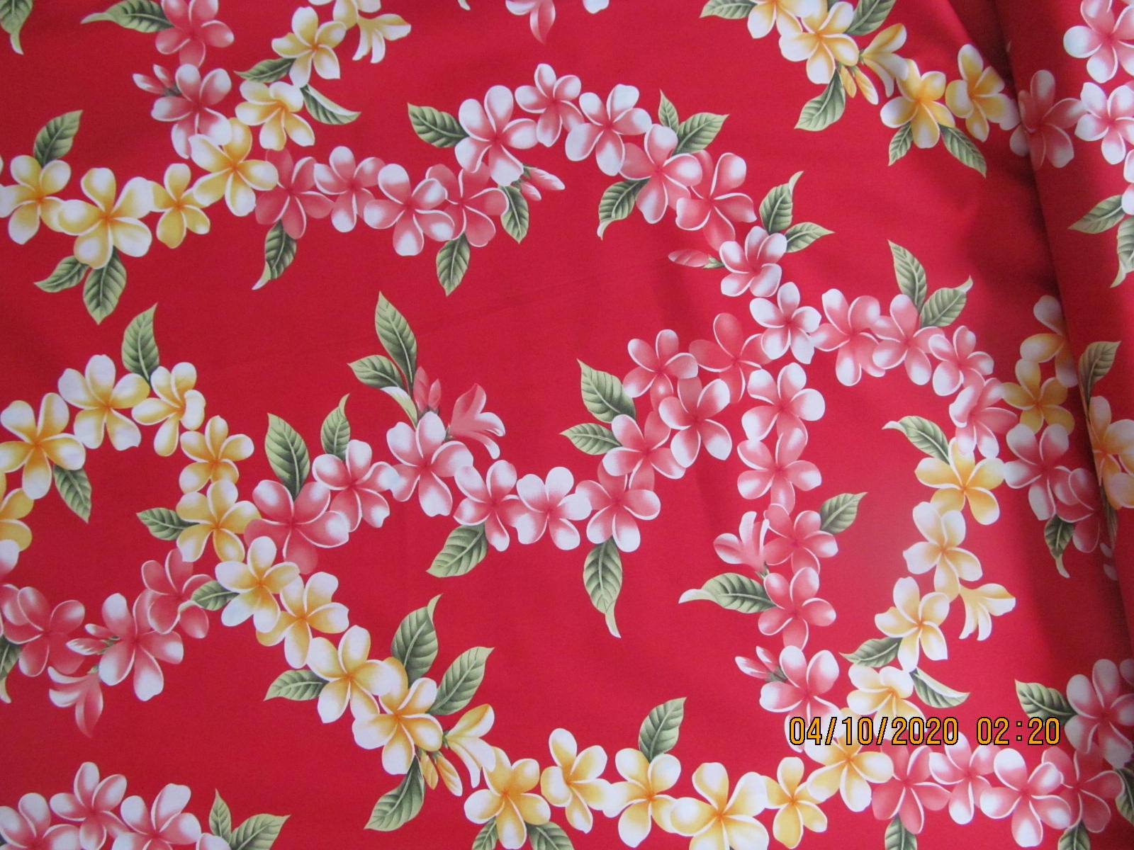 Marianne of Maui Hawaiian Quilting Fabric Red with Plumeria Leis