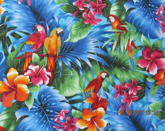 Marianne of Maui Hawaiian Quilting Fabric Colorful Parrot Print Light Blue