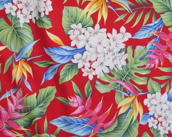 Marianne of Maui Hawaiian Quilting Fabric NEW ARRIVAL Bright Red with PLumeria and Heliconia