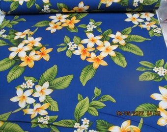 Marianne of Maui Hawaiian Quilting Fabric Deep Royal Blue with Plumeria Clusters and Tiny Blossoms
