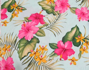 Marianne of Maui Hawaiian Quilting  Fabric Aqua with Fuschia Pink Hibiscus