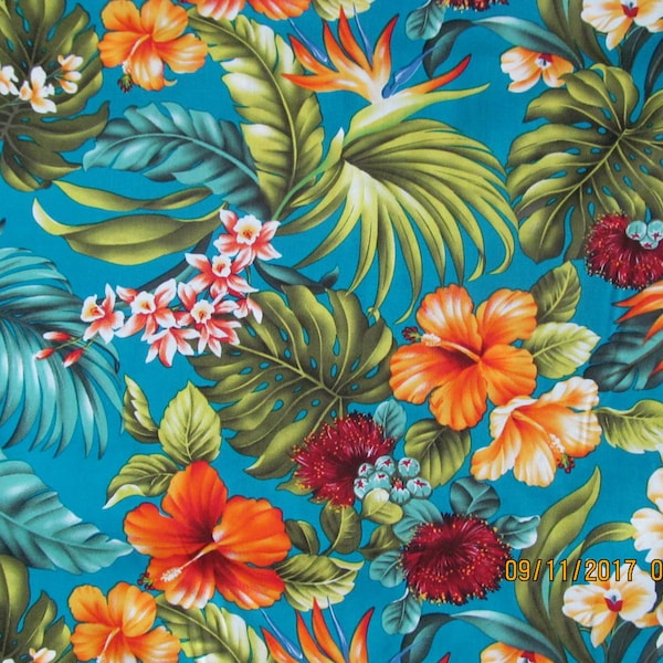 Marianne of Maui Hawaiian Quilting Fabric TEAL BLUEGREEN with Coral Hibiscus and Colorful Foliage