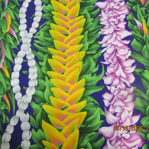 Marianne of Maui Hawaiian Quilting Fabrics Lavender Hibiscus Leis on Purple in a Vertical Print LAST YARD!