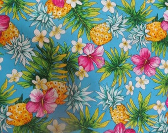 Marianne of Maui Hawaiian Quilting Fabric Blue with Pineapples and Hibiscus