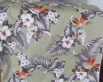 Marianne of Maui Hawaiian Quilting Fabric NEW ARRIVAL Sage with Bird of Paradise and Hibiscus