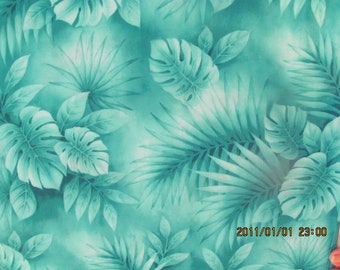 Marianne of Maui Hawaiian Quilting FabricLight Blue Green Colored Monstera Leaves Batik Style