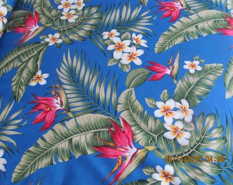 Marianne of Maui Hawaiian Quilting Fabric Teal blue with Heliconia and Plumeria NEW ARRIVAL BOLT