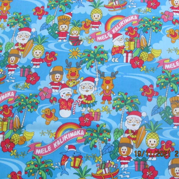 Marianne of Maui Hawaiian Quilting Fabric Hawaiian Santas and Mele Kalikimaka Turquoise