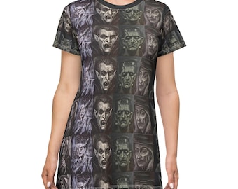 Gothic Art AOP T-shirtjurk, bohomode, vrijetijdskleding, Halloweenkostuum, alternatieve stijl, uniek cadeau-idee
