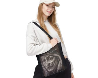 Witch Drawing Tote Bag | Illustrated Witch Artwork, All-Over Print